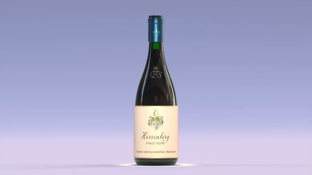 Computergeneriertes Weinflaschenfotografie einer Rieslingflasche. Beispielbild aus unserer Case Study über das von uns erfundene virtuelle Weingut „Schenck zu Falckenstein”, in der wir Gedanken zur deutlichen Verbesserung von marketingtauglichen Produktfotos für die Weinbranche entwickeln. Anhand zweier Linien – einer klassischen und einer auf den veränderten zeitgenössischen Markt – schlagen wir auf die visuelle Präsentation ausgerichtete Vorschläge zur Verbesserung und Alleinstellung vor. Wir zeigen hier erkennbar die Vorteile der computergenerierten Bildgebung bei der Präsentation von Wein. ©ca:artix.digital