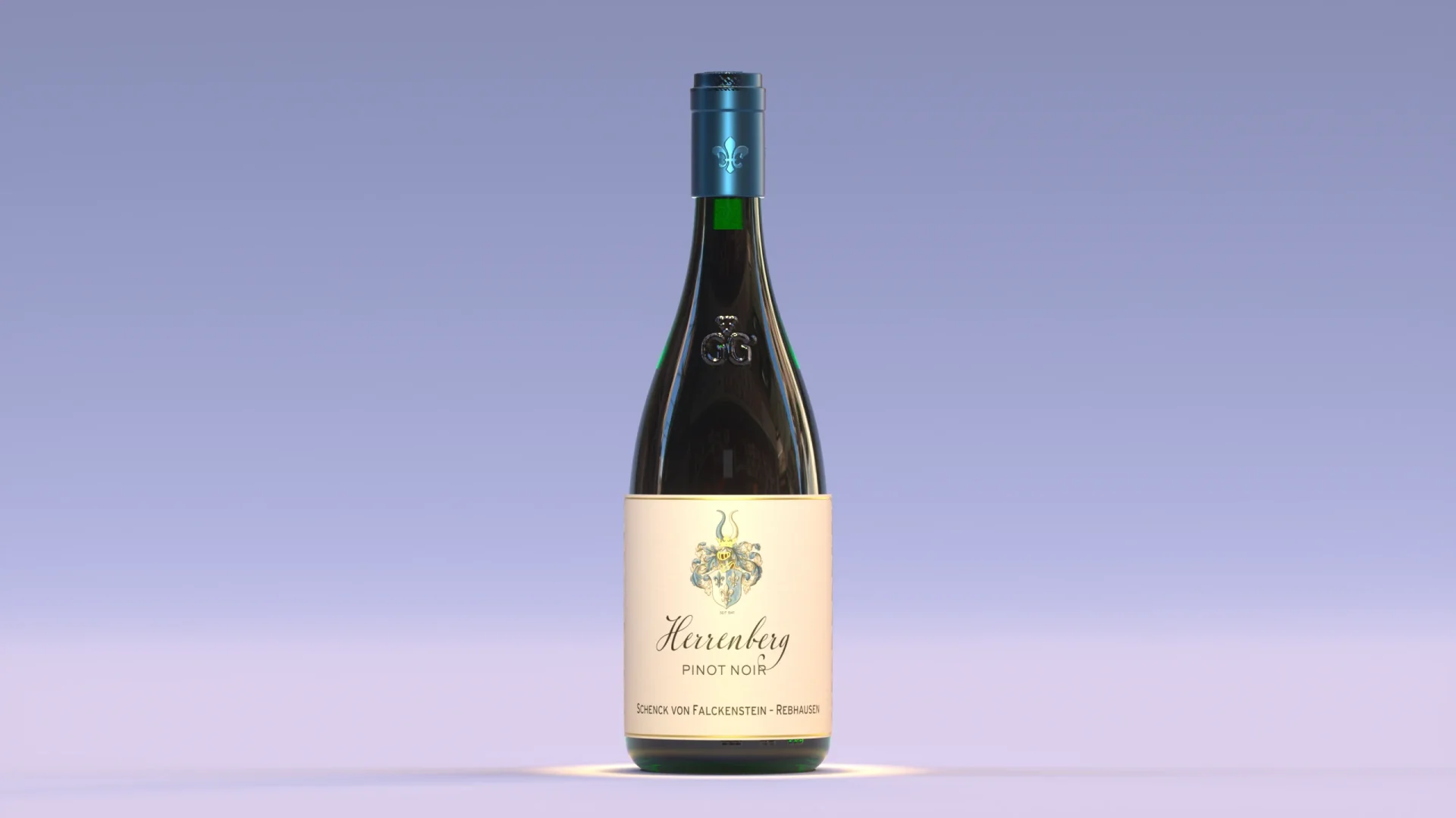 Computergeneriertes Weinflaschenfotografie einer Rieslingflasche. Beispielbild aus unserer Case Study über das von uns erfundene virtuelle Weingut „Schenck zu Falckenstein”, in der wir Gedanken zur deutlichen Verbesserung von marketingtauglichen Produktfotos für die Weinbranche entwickeln. Anhand zweier Linien – einer klassischen und einer auf den veränderten zeitgenössischen Markt – schlagen wir auf die visuelle Präsentation ausgerichtete Vorschläge zur Verbesserung und Alleinstellung vor. Wir zeigen hier erkennbar die Vorteile der computergenerierten Bildgebung bei der Präsentation von Wein. ©ca:artix.digital