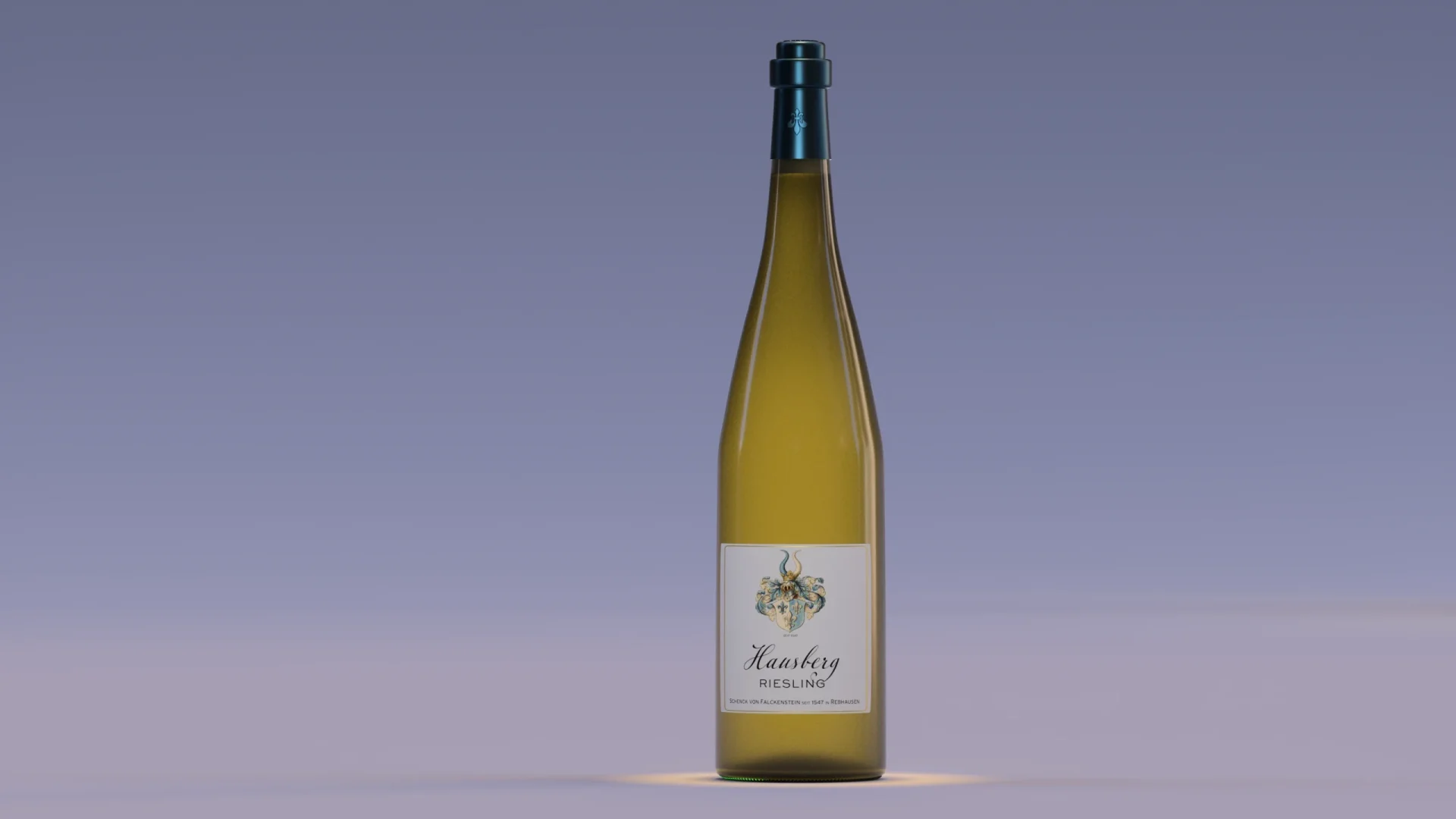 Computergeneriertes Weinflaschenfotografie einer Rieslingflasche. Beispielbild aus unserer Case Study über das von uns erfundene virtuelle Weingut „Schenck zu Falckenstein”, in der wir Gedanken zur deutlichen Verbesserung von marketingtauglichen Produktfotos für die Weinbranche entwickeln. Anhand zweier Linien – einer klassischen und einer auf den veränderten zeitgenössischen Markt – schlagen wir auf die visuelle Präsentation ausgerichtete Vorschläge zur Verbesserung und Alleinstellung vor. Wir zeigen hier erkennbar die Vorteile der computergenerierten Bildgebung bei der Präsentation von Wein. ©ca:artix.digital
